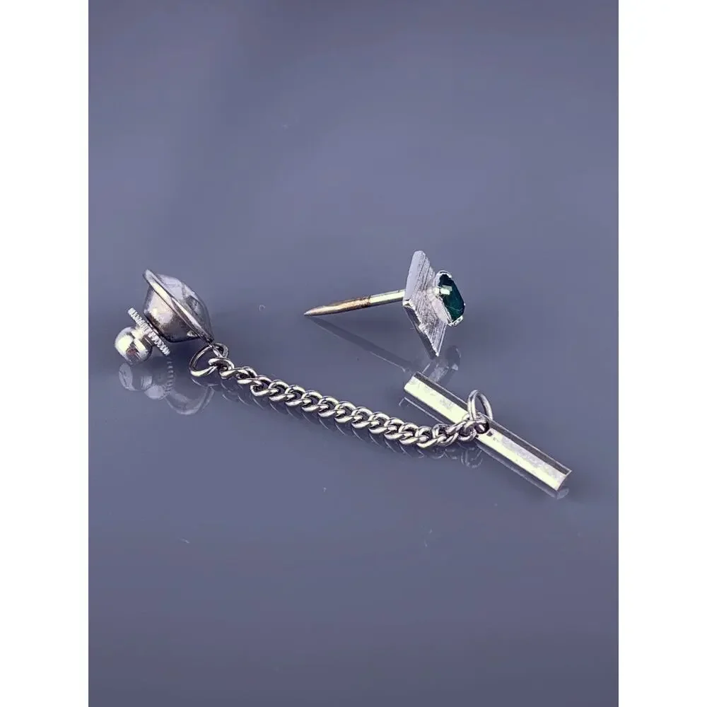 Green Rhinestone White Gold Plated Tie Tack Pin Square Rectangle Vintage
